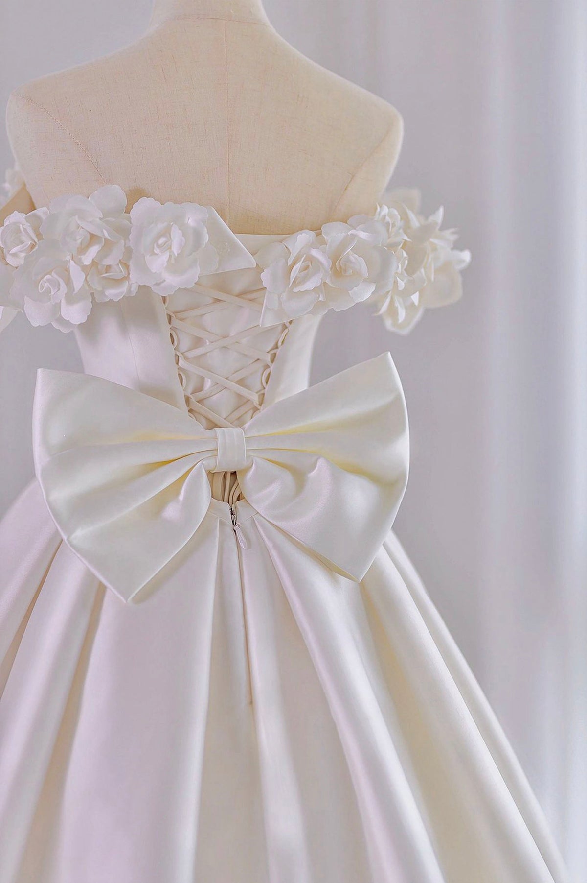 White Satin Long A-Line Ball Off the Shoulder Gown