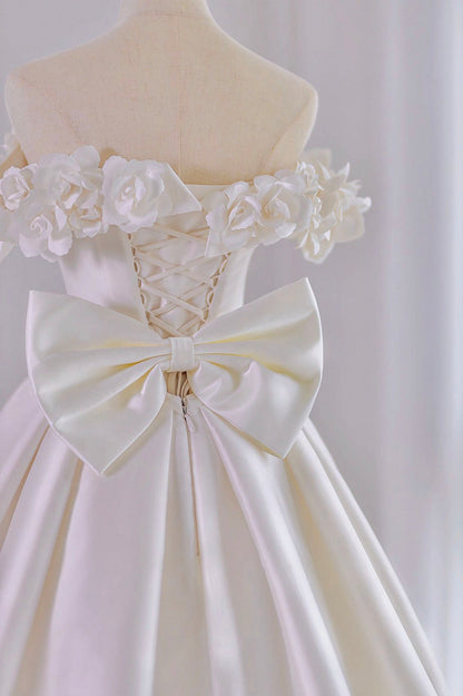 White Satin Long A-Line Ball Off the Shoulder Gown