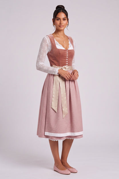 dusty rose velvet bodice a-line dirndl dress dusty rose, terracotta pink velvet bodice, woven patterned skirt dirndl dress - product view 2