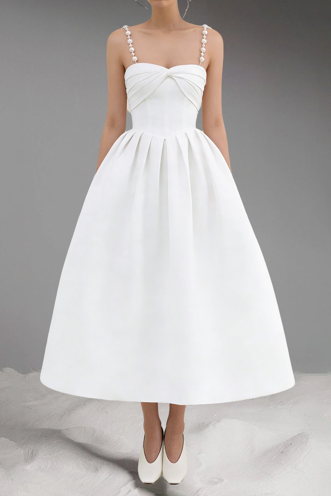 TWISTED PEARL STRAP MIDI DRESS IN WHITE