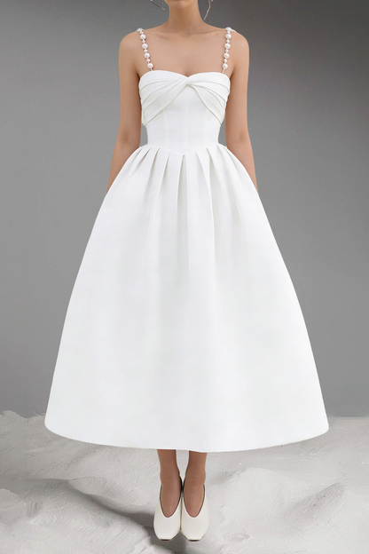 TWISTED PEARL STRAP MIDI DRESS IN WHITE
