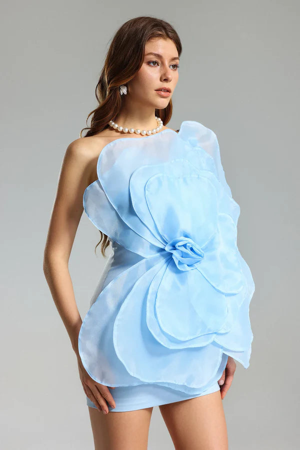 3D Voluminous Organza Floral Mini Dress - Blue