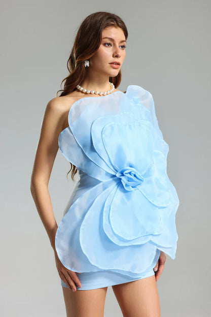 3D Voluminous Organza Floral Mini Dress - Blue