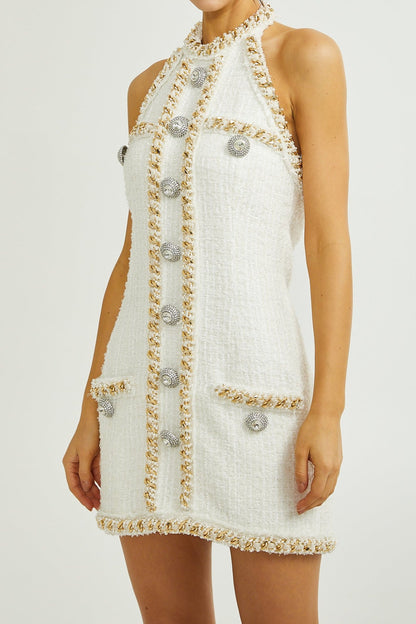 Cesca crystal-button tweed mini dress
