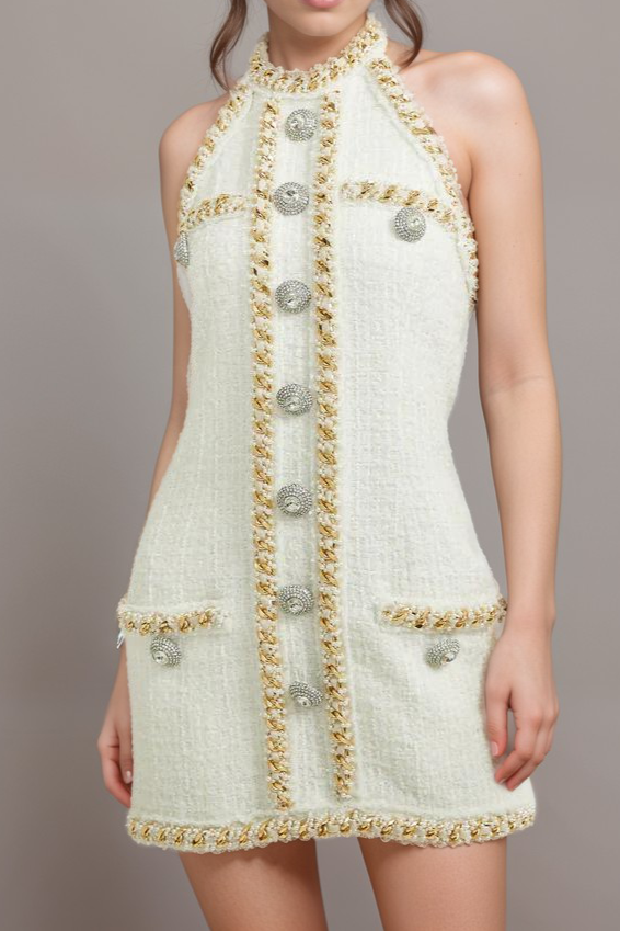 Cesca crystal-button tweed mini dress