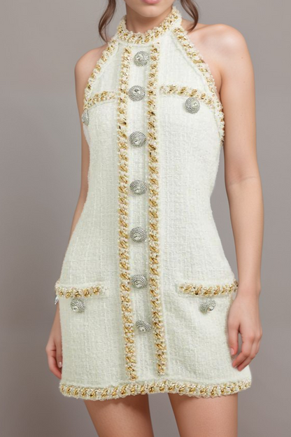 Cesca crystal-button tweed mini dress