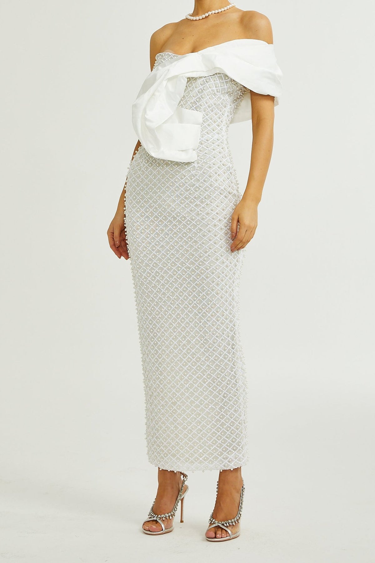 Maura faux-pearl off-shoulder dress