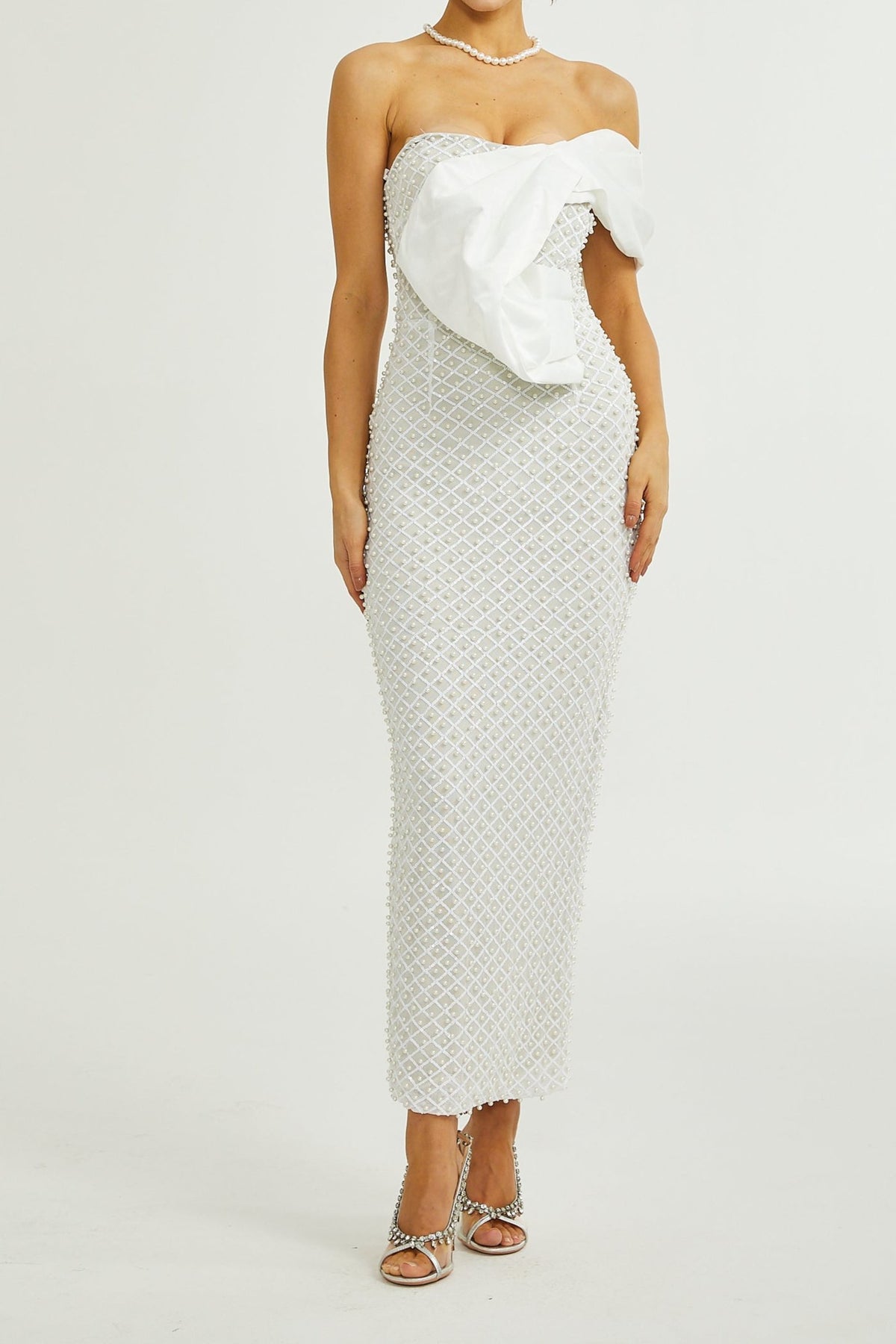 Maura faux-pearl off-shoulder dress