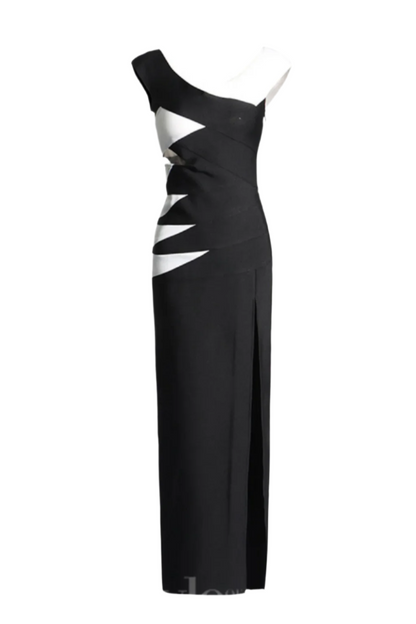 KORINA OFF SHOULDER CUTOUT HIGHSLIT DRESS IN BLACK