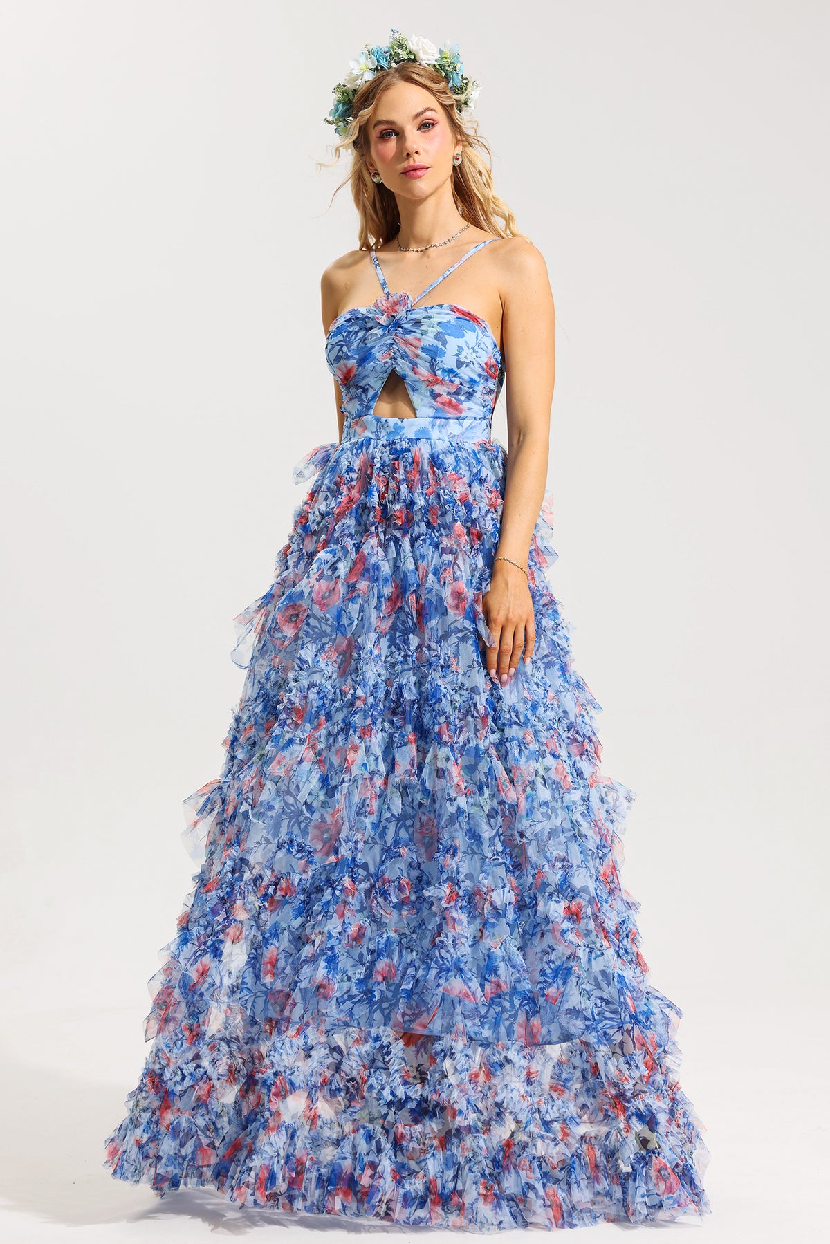 3D Floral Halter Neck Frill Maxi Dress - product view 1