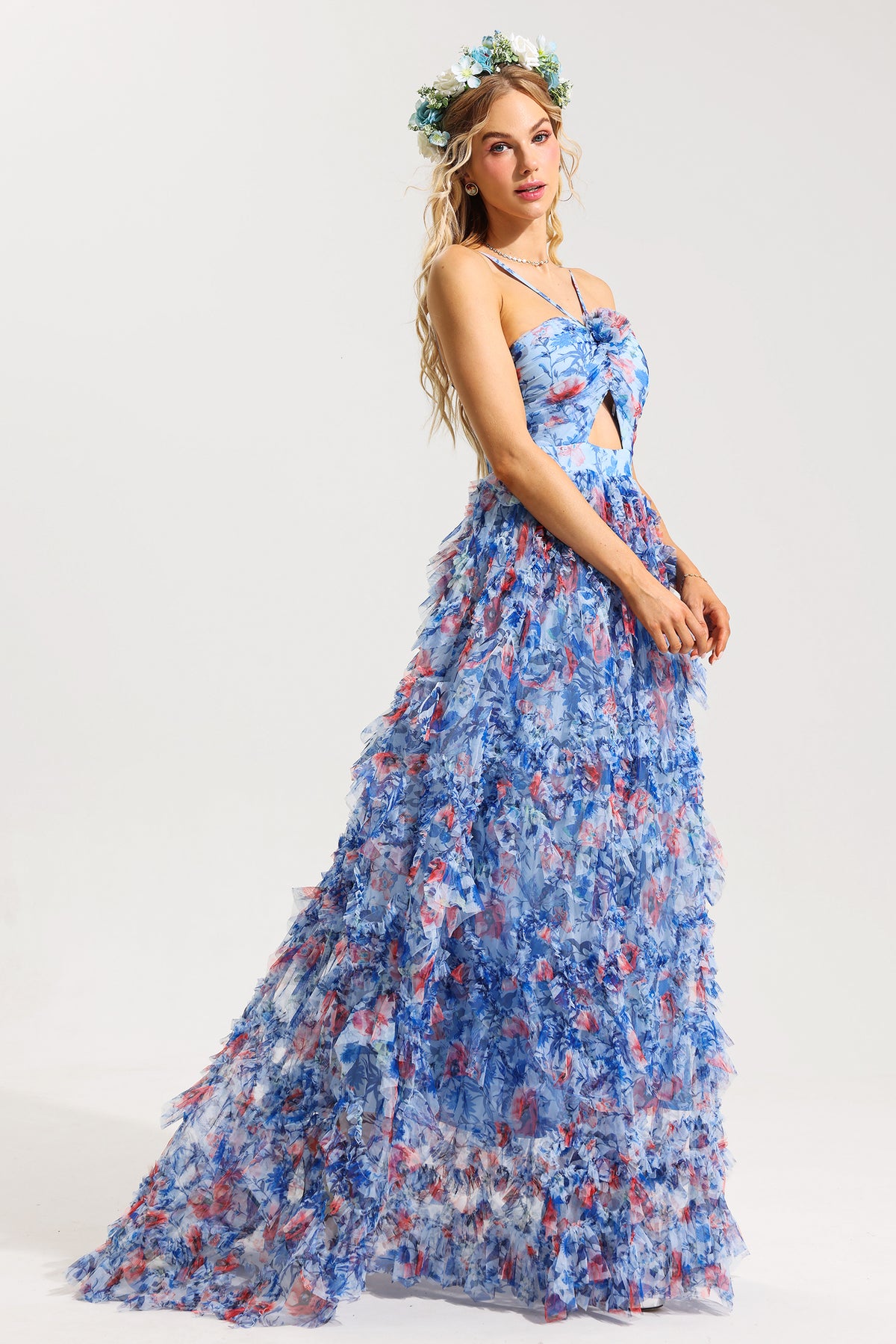 3D Floral Halter Neck Frill Maxi Dress - product view 3