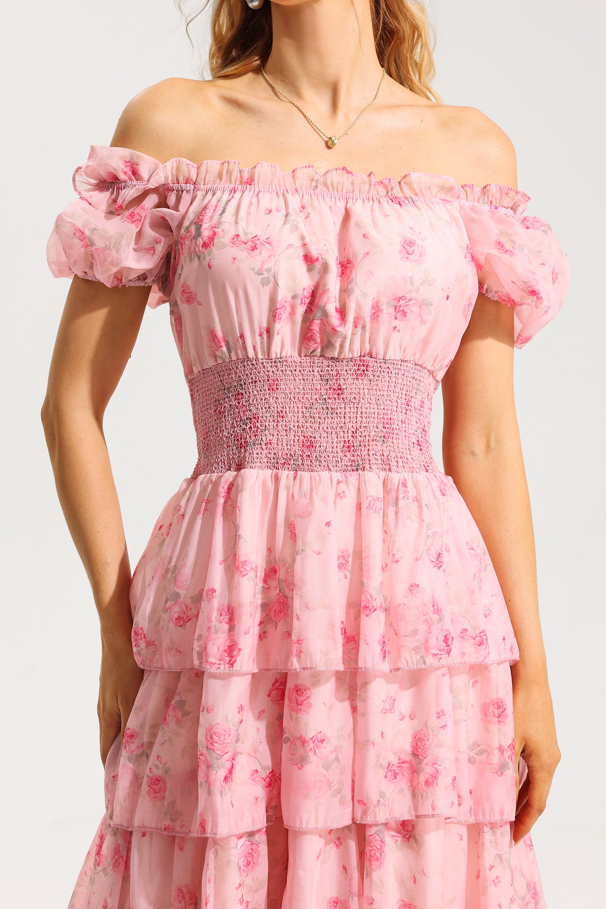 Floral Ruffle Pleated Off-Shoulder Midi Dress Pink
