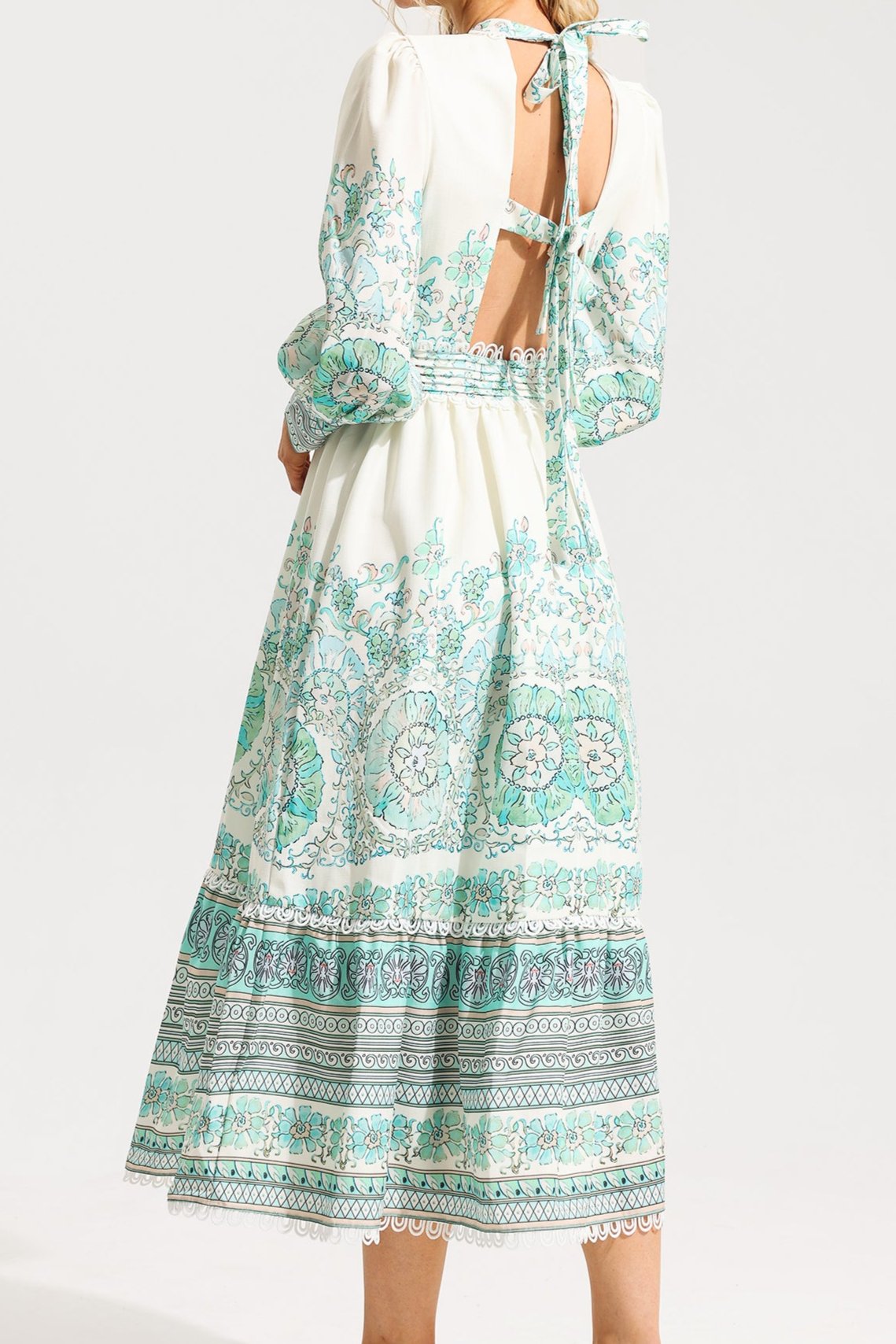 Floral Lantern Sleeve Pleated Midi Dress