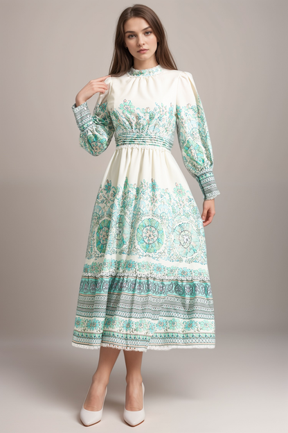 Floral Lantern Sleeve Pleated Midi Dress