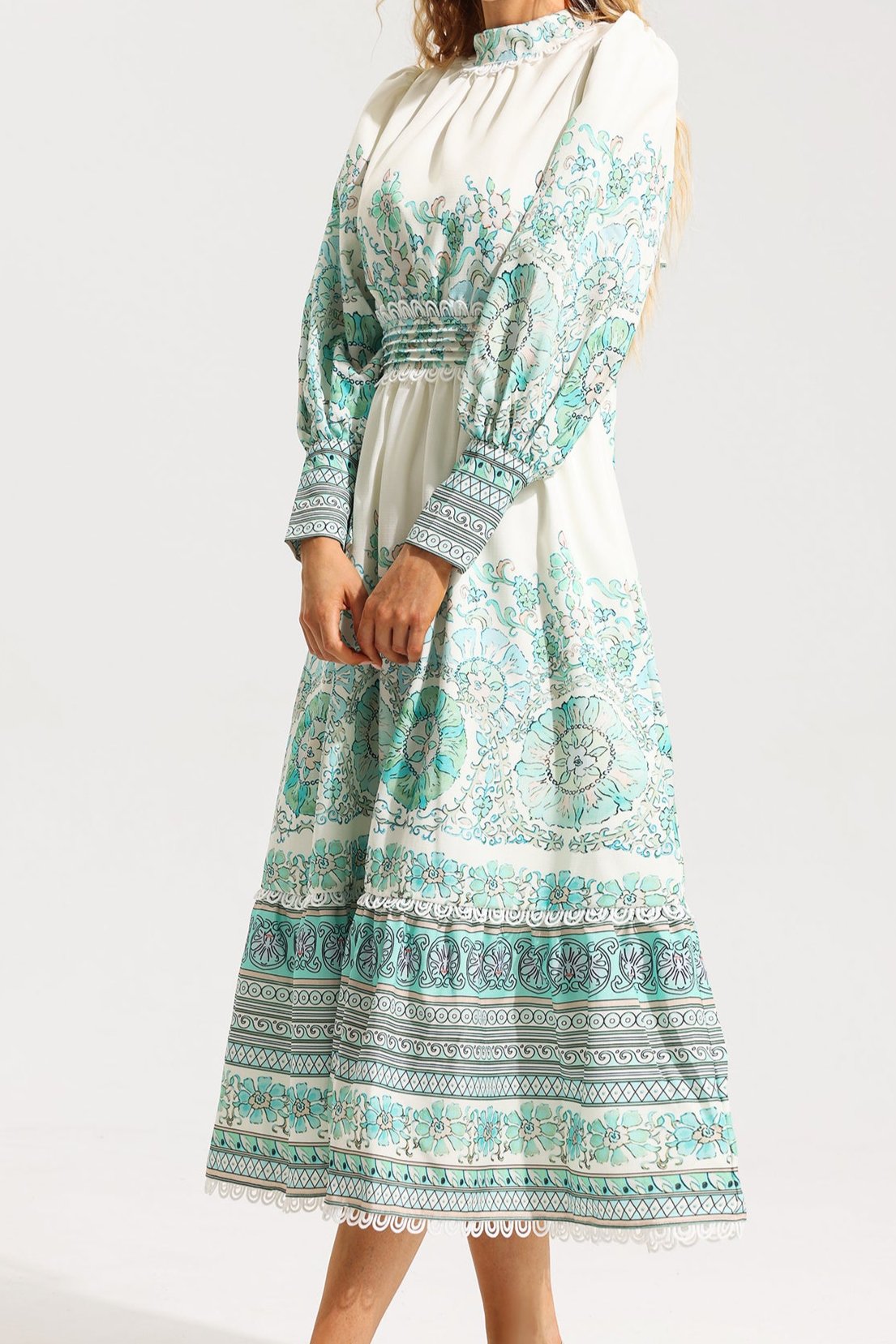 Floral Lantern Sleeve Pleated Midi Dress
