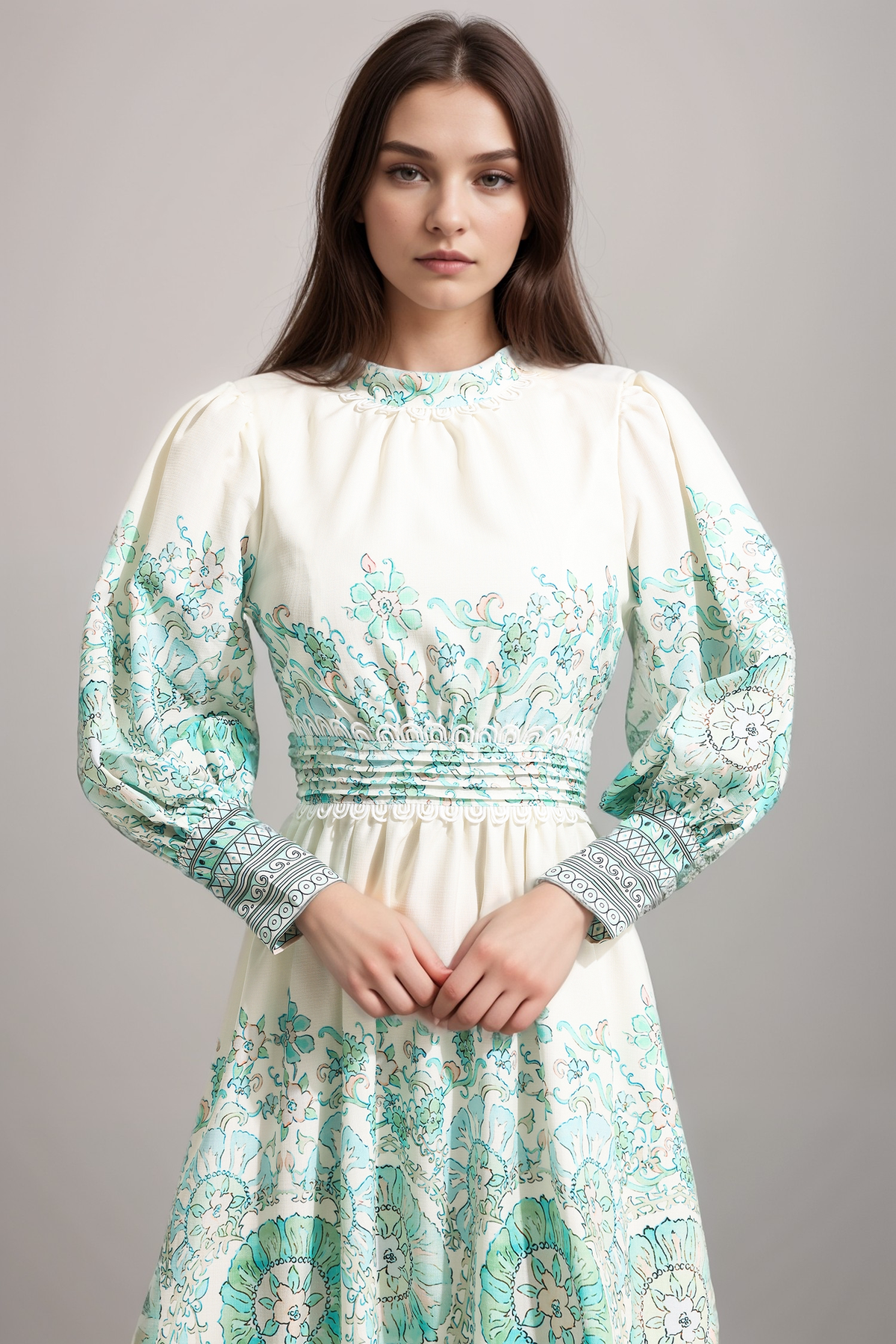 Floral Lantern Sleeve Pleated Midi Dress