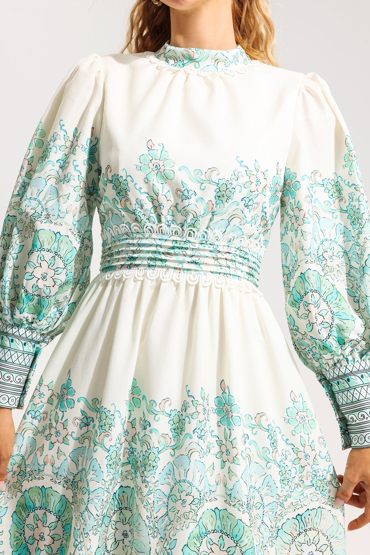 Floral Lantern Sleeve Pleated Midi Dress