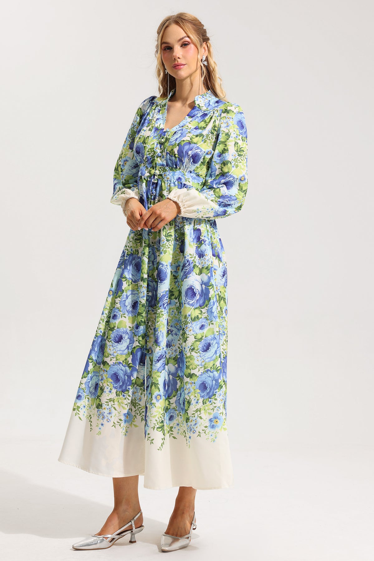 Floral Bottom Lantern Sleeve Midi Dress