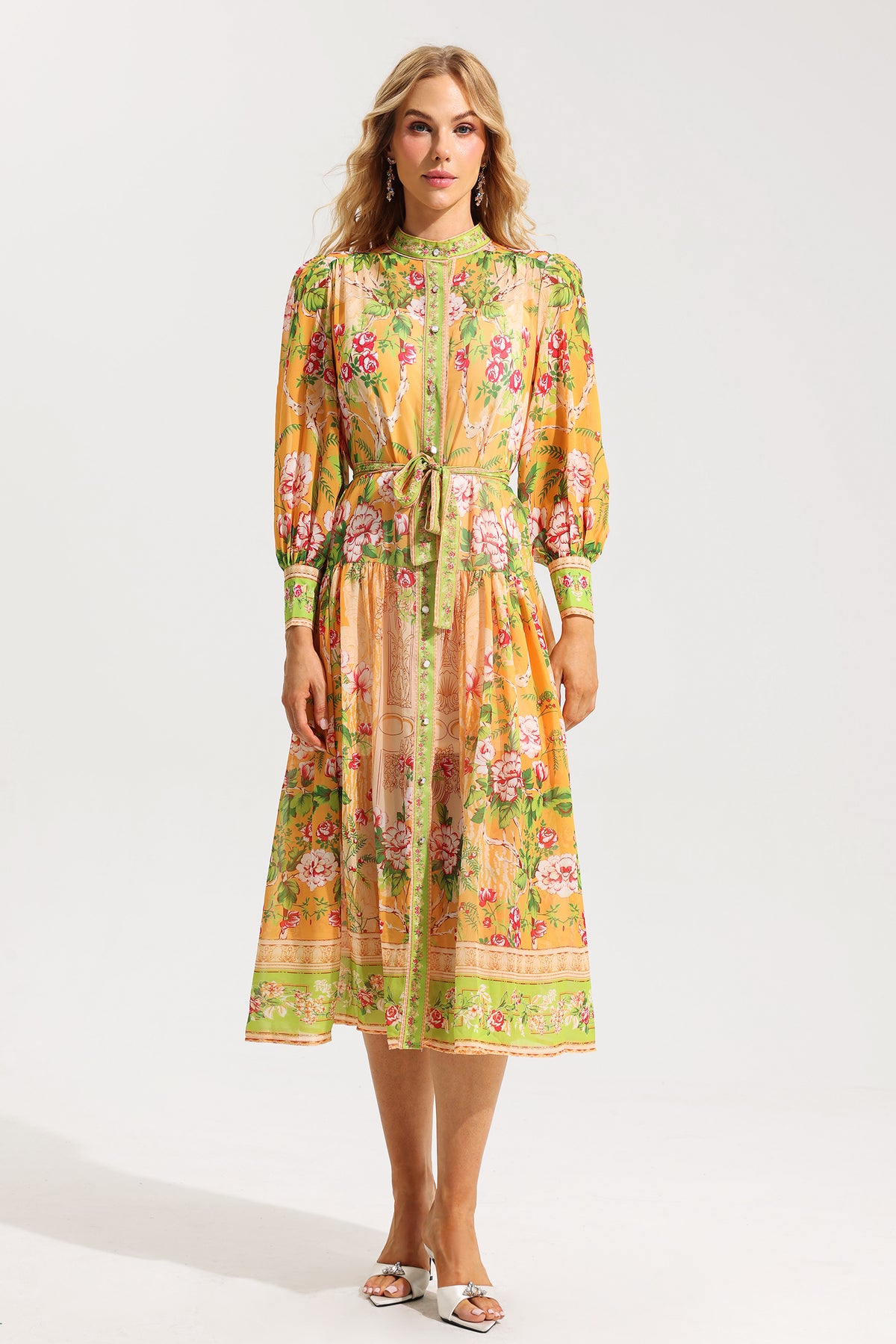 Floral Bottom Lantern Sleeve Midi Dress With Belt