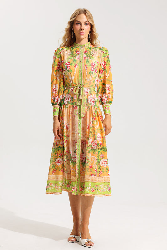 Floral Bottom Lantern Sleeve Midi Dress With Belt