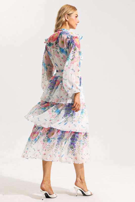 Floral Ruffle Long Sleeve Midi Dress With Belt