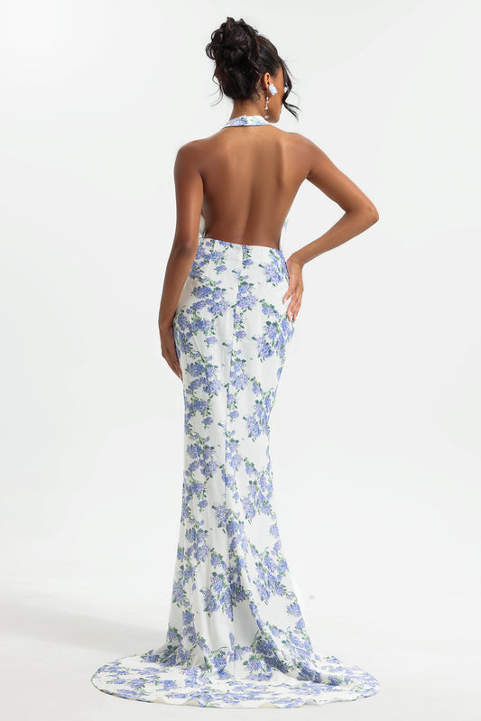 Floral Halter Neck Split Maxi Dress