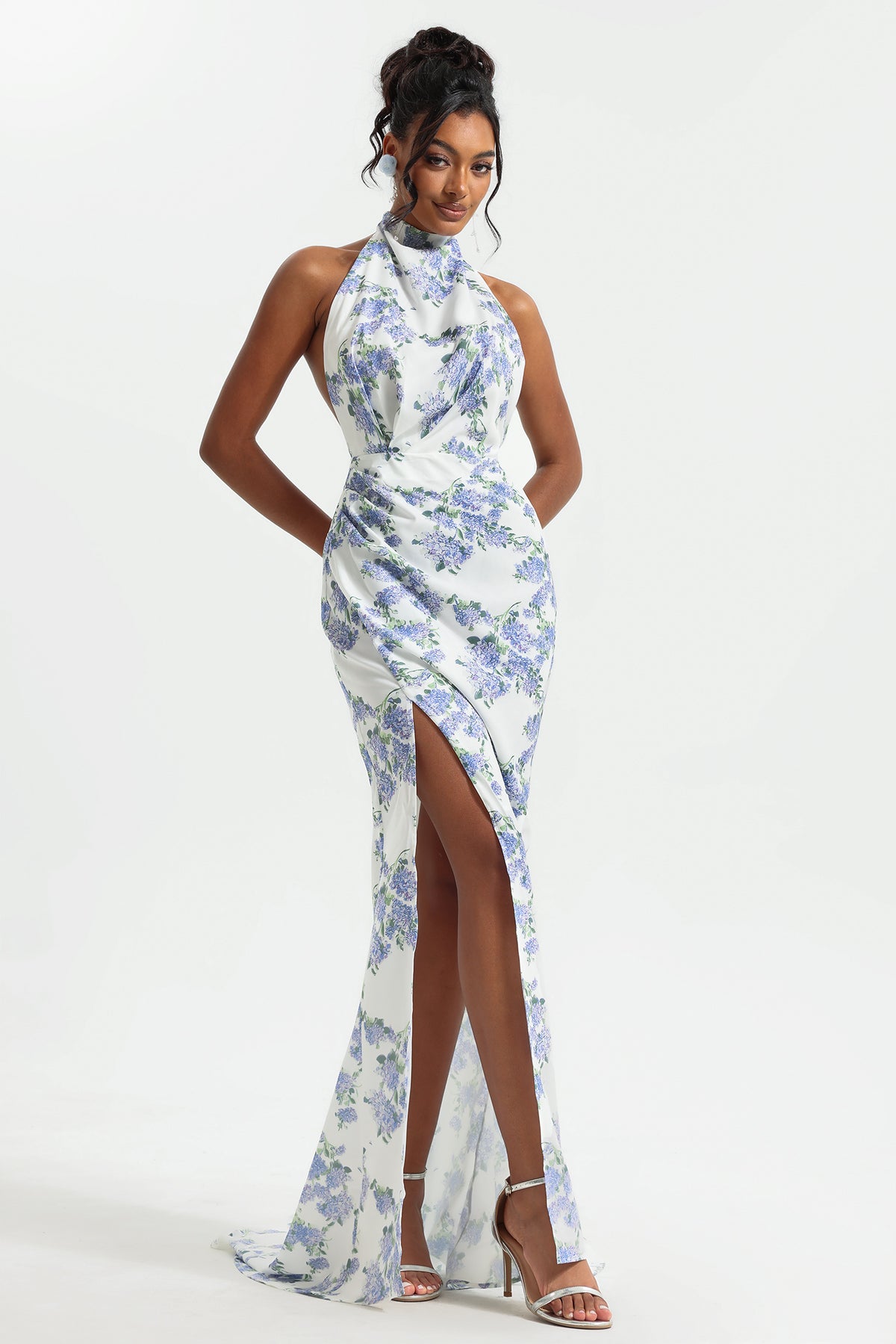 Floral Halter Neck Split Maxi Dress