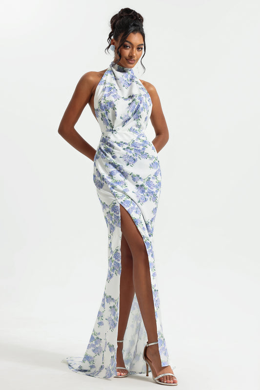 Floral Halter Neck Split Maxi Dress