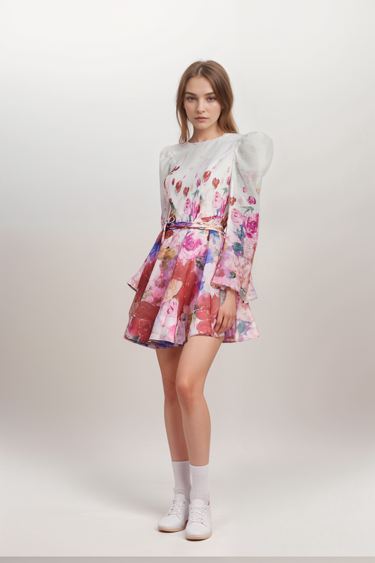 Marjolaine flared-sleeve floral-print mini dress