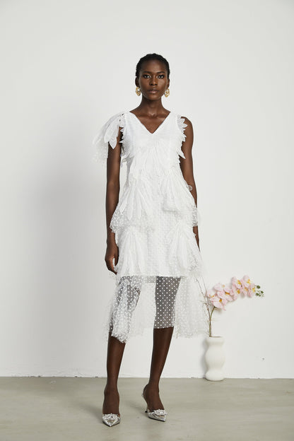 Solène feather-embellished pleated midi dress