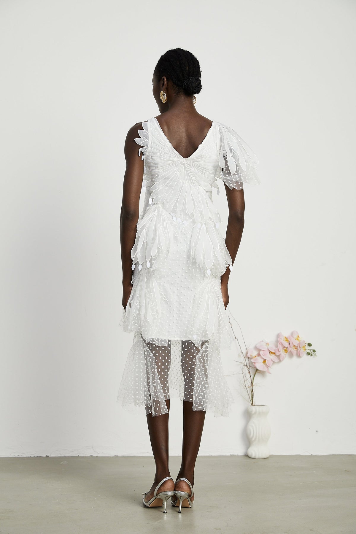 Solène feather-embellished pleated midi dress