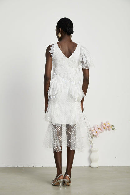 Solène feather-embellished pleated midi dress