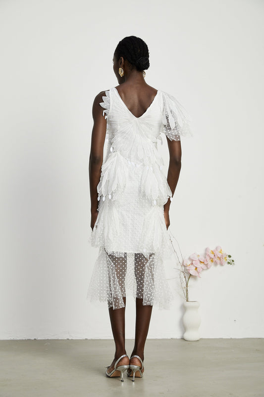 Solène feather-embellished pleated midi dress