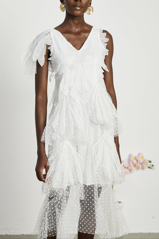 Solène feather-embellished pleated midi dress