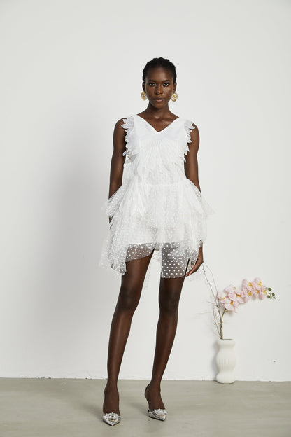 Françoise feather-embellished pleated mini dress