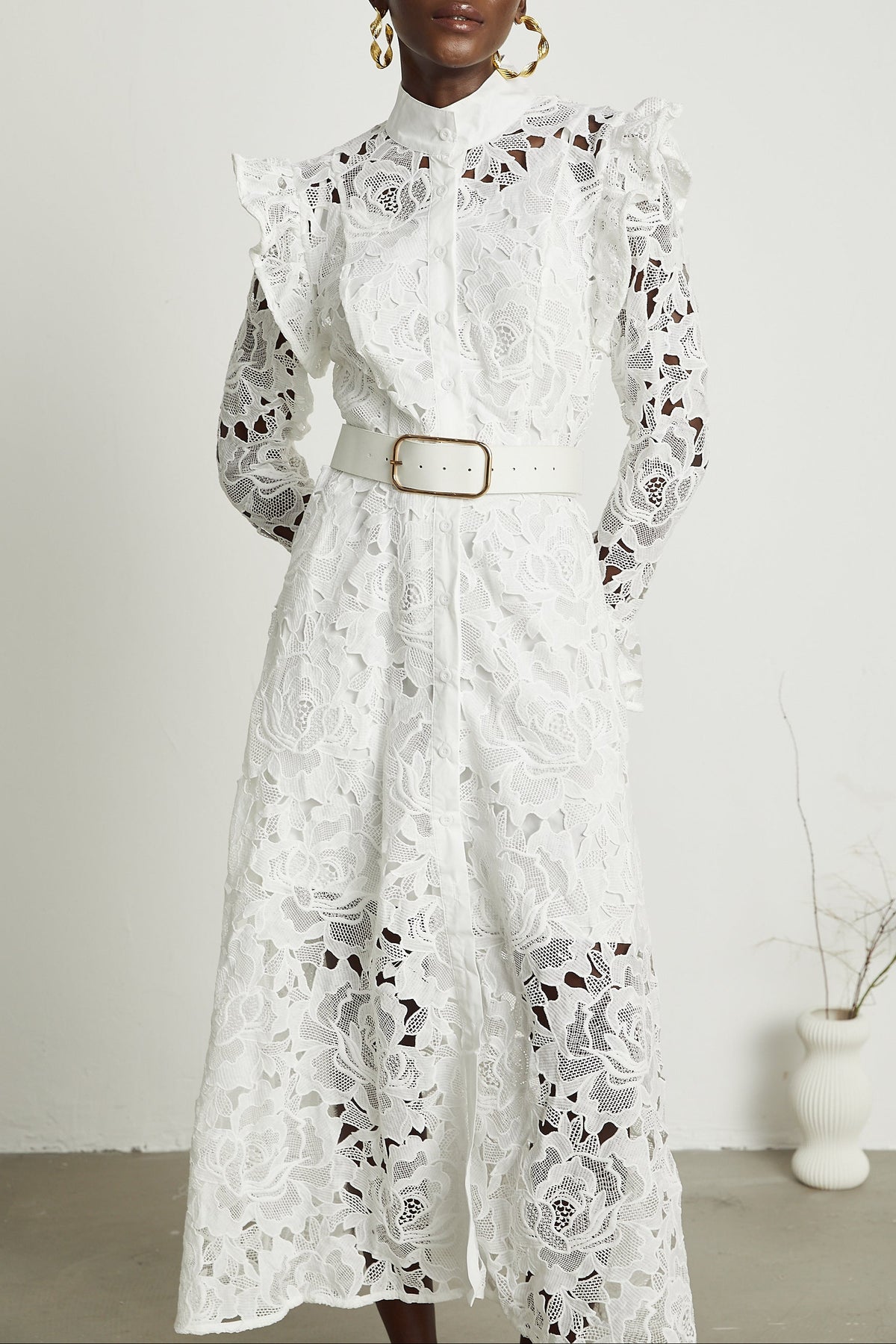 Noémie lace floral-embroidered midi dress in White