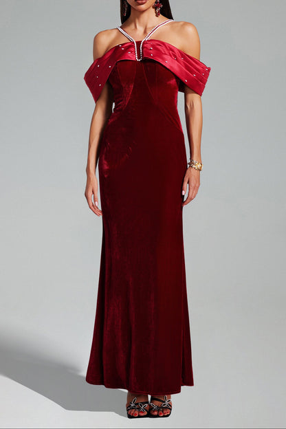 Tove Off Shoulder Velvet Maxi Dress - Red