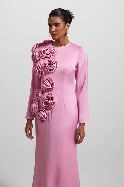 3D Floral Satin Long Sleeve Midi Dress