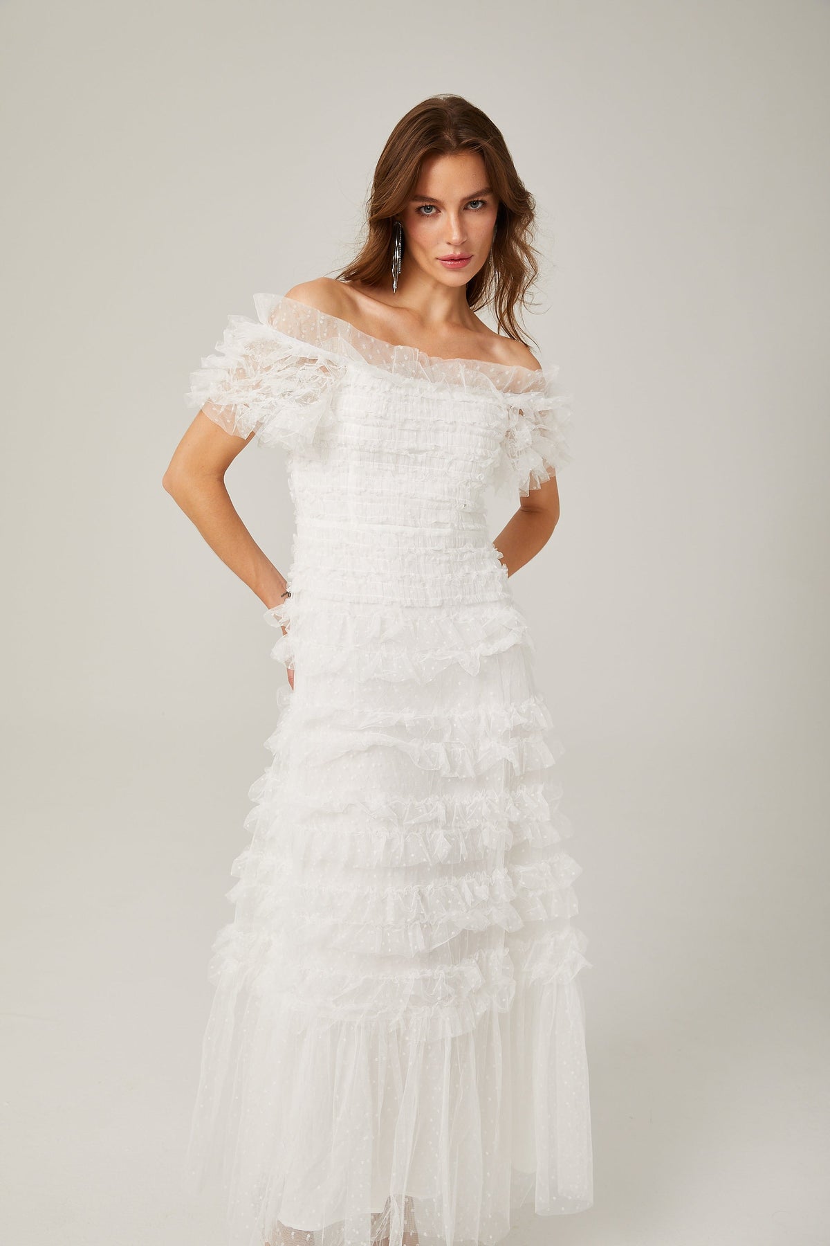 joyce ruffled tulle tiered strapless midi dress in white