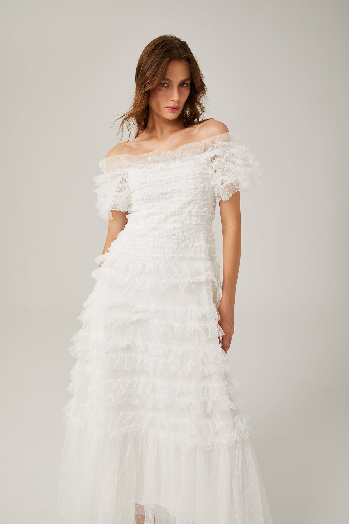 joyce ruffled tulle tiered strapless midi dress in white