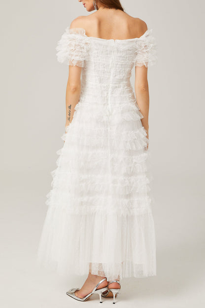 joyce ruffled tulle tiered strapless midi dress in white