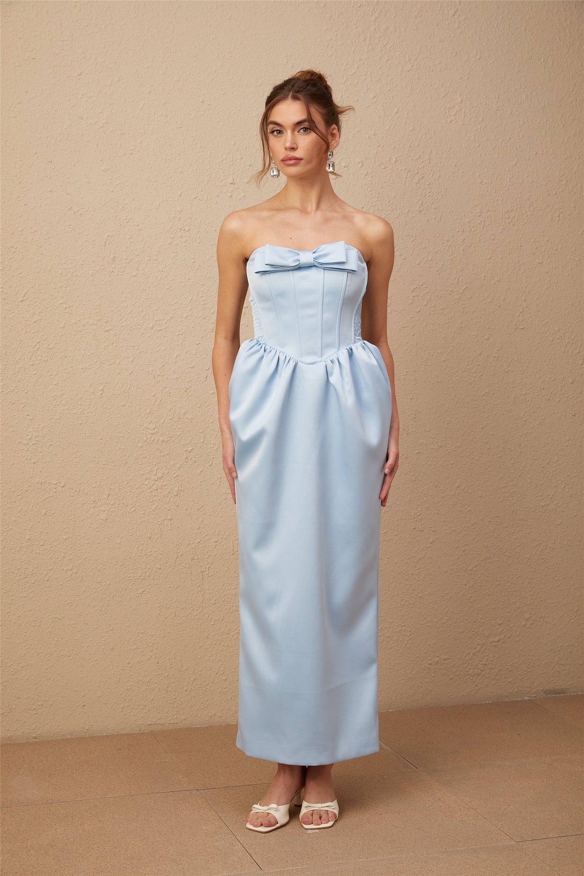 Sylvie blue satin bowknot off-shoulder midi dress