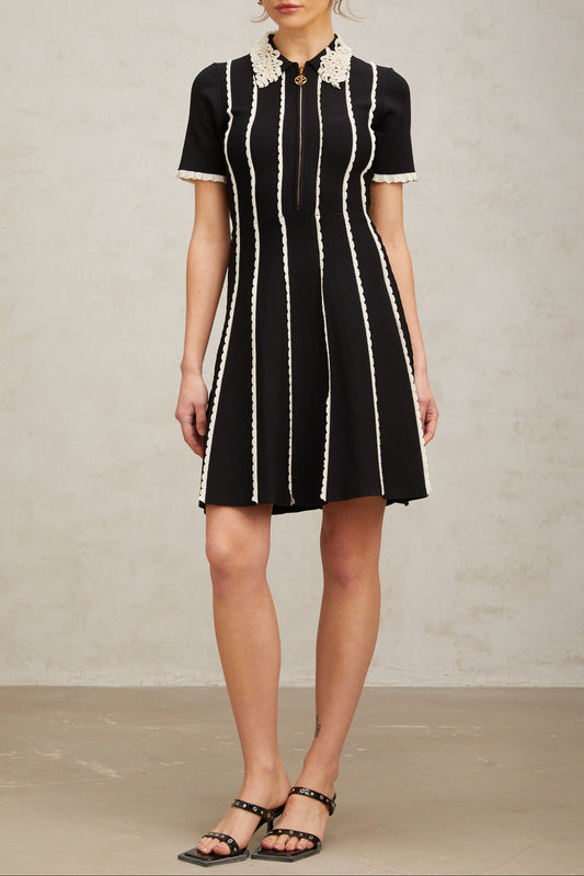 Zazie black vertical-striped ruffle-trim knit mini dress