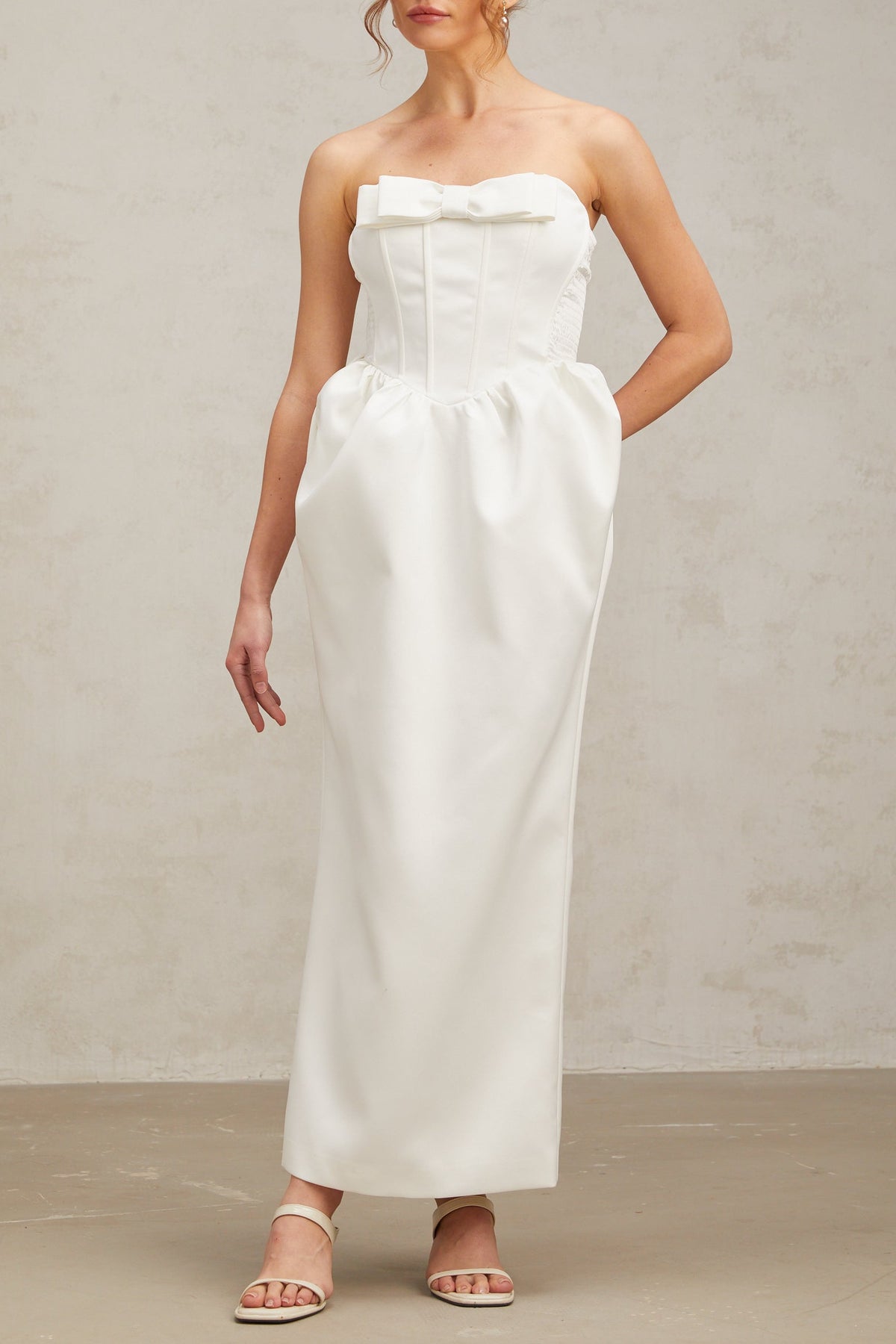 josephine bow satin strapless maxi dress in white
