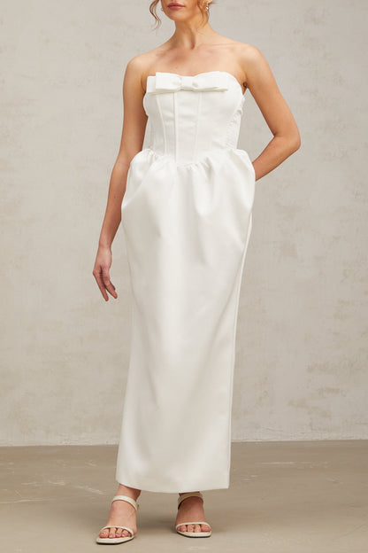 josephine bow satin strapless maxi dress in white