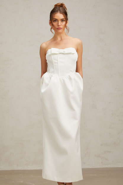 josephine bow satin strapless maxi dress in white