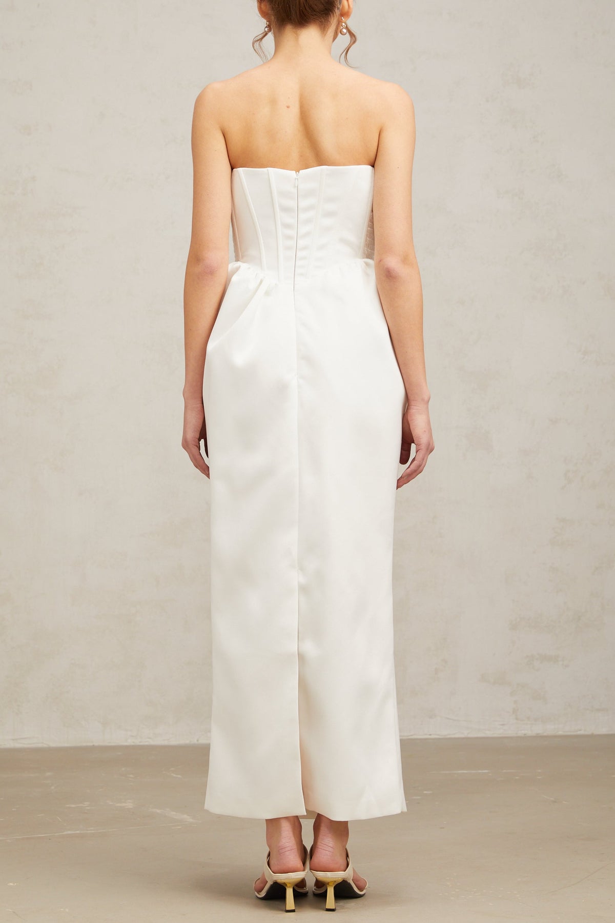 josephine bow satin strapless maxi dress in white