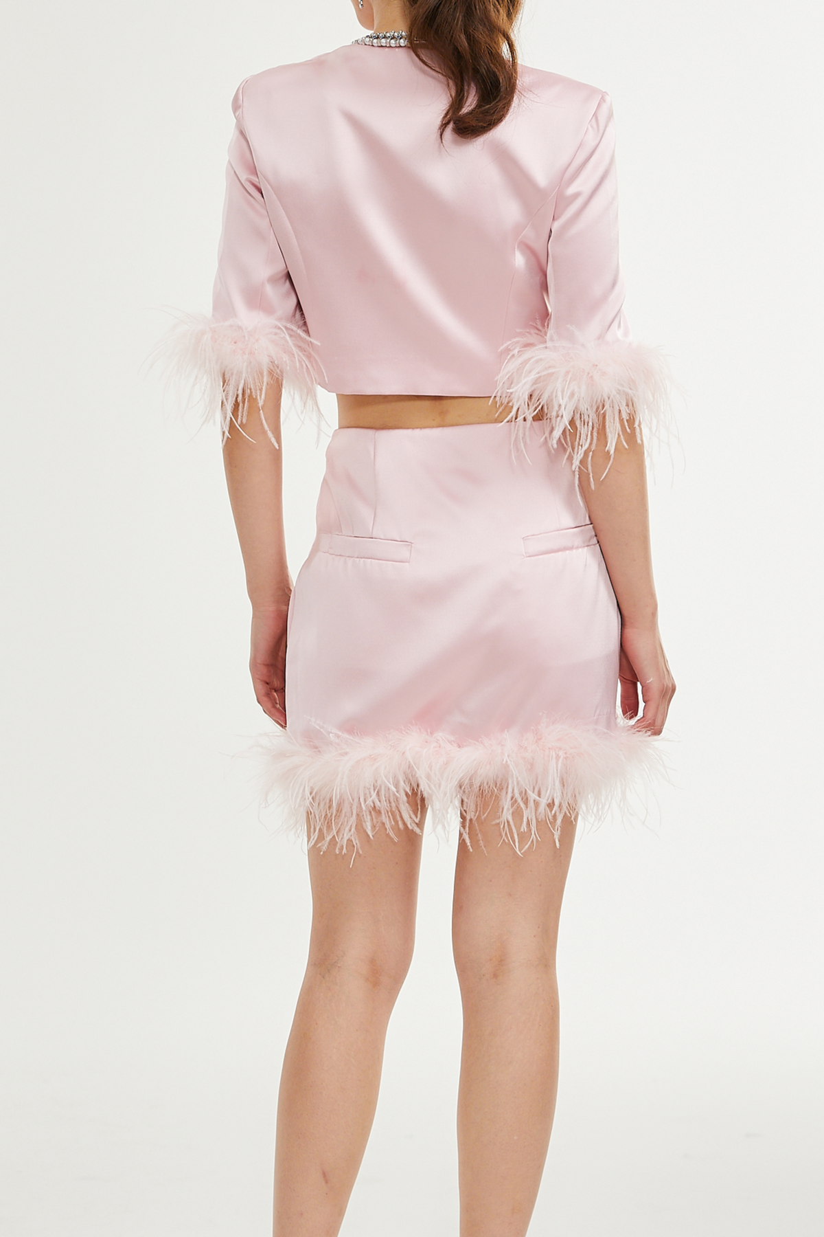 Flavia satin feather top & skirt matching set