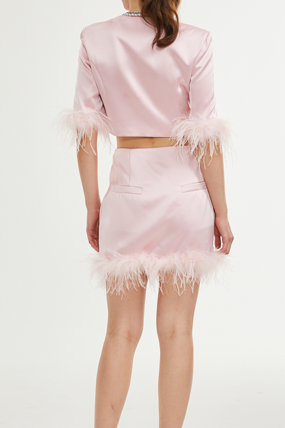 Flavia satin feather top & skirt matching set