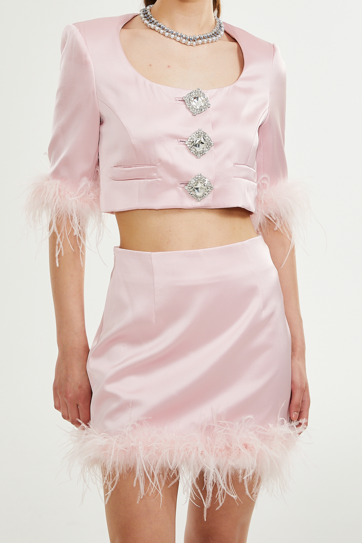 Flavia satin feather top & skirt matching set